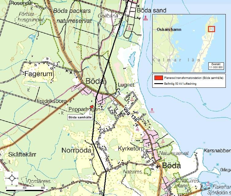 Figur 1. Karta över ny planerad transformatorstation, Böda samhälle (rödmarkerat område) intill befintliga 50 kv luftledningen Löttorp-Böda I (svart linje). 1.2 E.ON Elnät Sverige AB E.