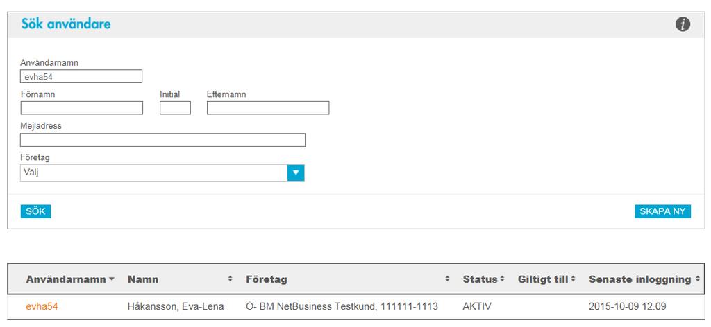 Söka upp ett konto Enklare information om användaren presenteras. I exemplet användare evha54 som presenteras med: 1. användarnamn 2. användarens namn 3.