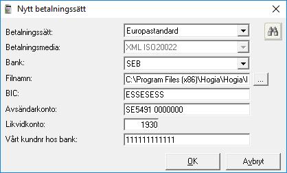 Betalsätt: Välj Europastandard Betalningsmedia: Automatisk visas XML ISO20022 när Europastandard är valt som betalsätt.