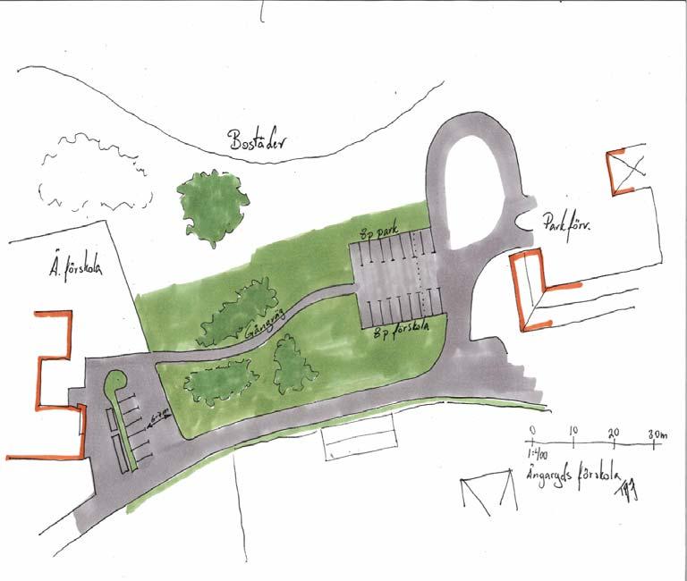 Förslaget innebär att befintlig parkering i anslutning till parkavdelningen utökas på ett gräsbevuxet område som idag ligger utanför avdelningens fastighet.