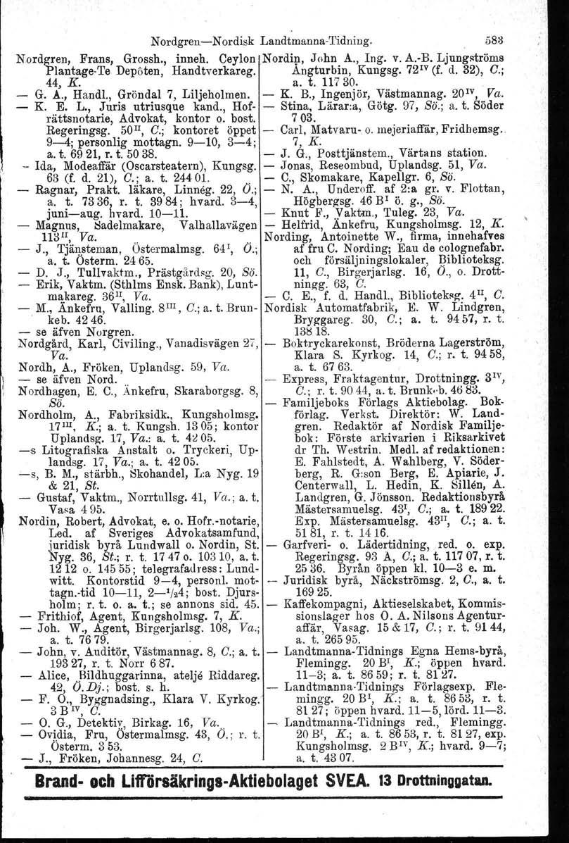 NordgrenNordisk LandtmannaTidniug. 58:3 Nordgren. Frans, Grossh., inneh. Ceylon Nordin, John A., Ing. V. A. B. Ljungströms PlantageTe Depöten, Handtverkareg. Ångturbin, Kungsg. 72 lv (f. d. 32), C.