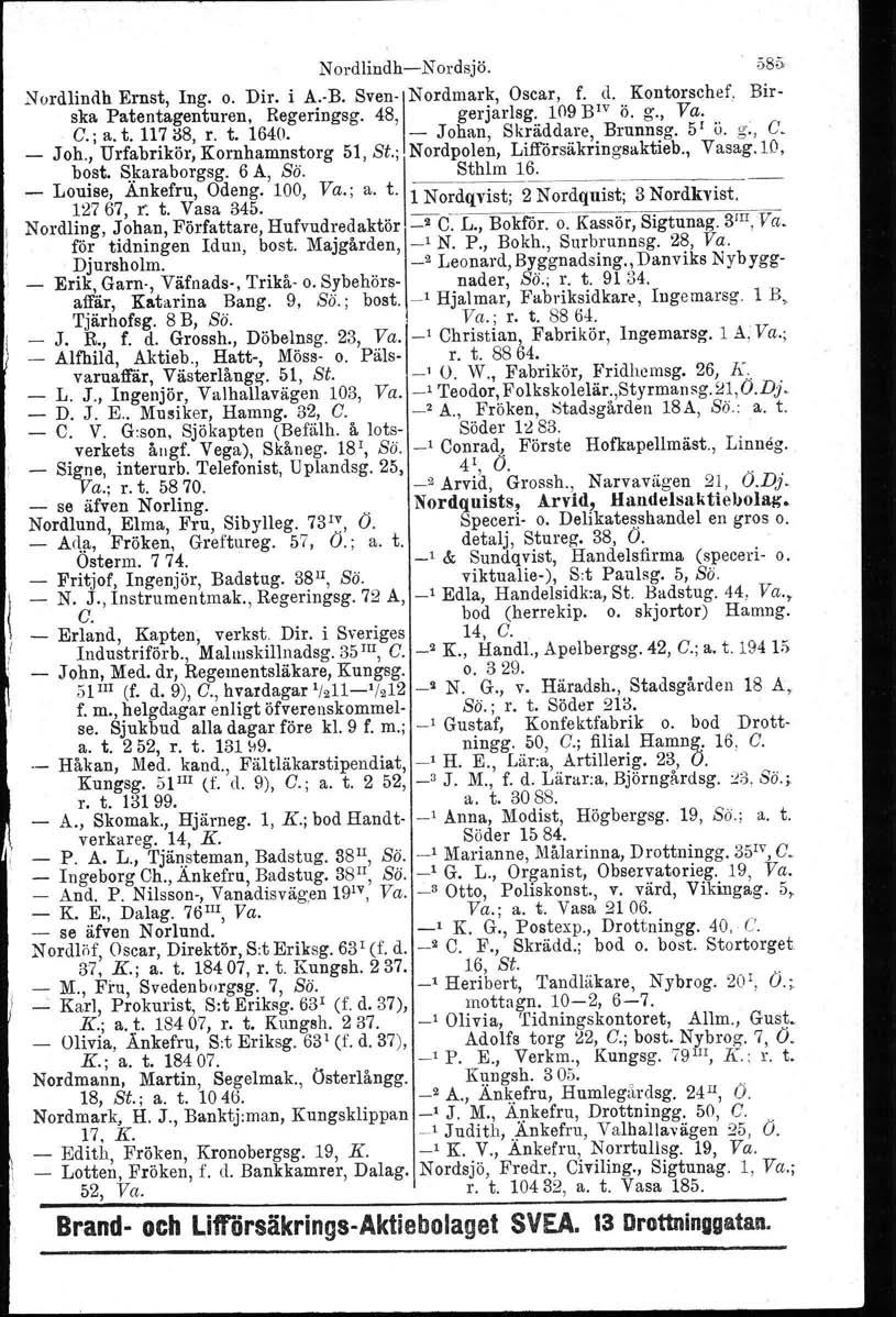 Nord lind hn ordsjö. 58& Nordlindh Ernst, Ing. o. Dir. i A.B. SVen\NOrdmark, Oscar, f. d. Kontorschef. Birska Patentagenturen. Regeringsg. 48, gerjarlsg. 109 BIV ö. g., Va. C.; a. t. 117 ö8, r. t. 1640.