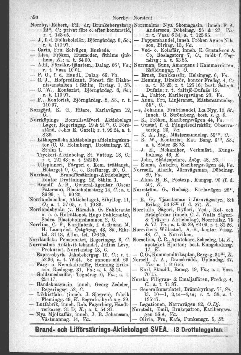 590 NorrbyNorstedt. Norrby, Robert, Fil. dr, Brunkebergstorg Norrmalms N ya Skomagasin, inneh. F. A. 12 II, C.; privat före o. efter kontorstid, Andersson, Döbelnsg. 25 & 27, Va.; r. t. 143v5. r. t. Vasa 634, a.