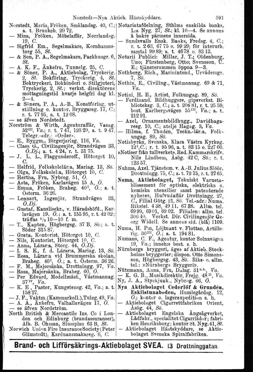 NorstedtNya Aktieb. Hästskyddare. 591 Norstedt, Maria, Fröken, Smålandsg. 40, C.; Notariatafdelning, Sthlms enskilda banks, a. t. Brunkeb. 2972. L:a Nyg. 27, St.; kl. 104.