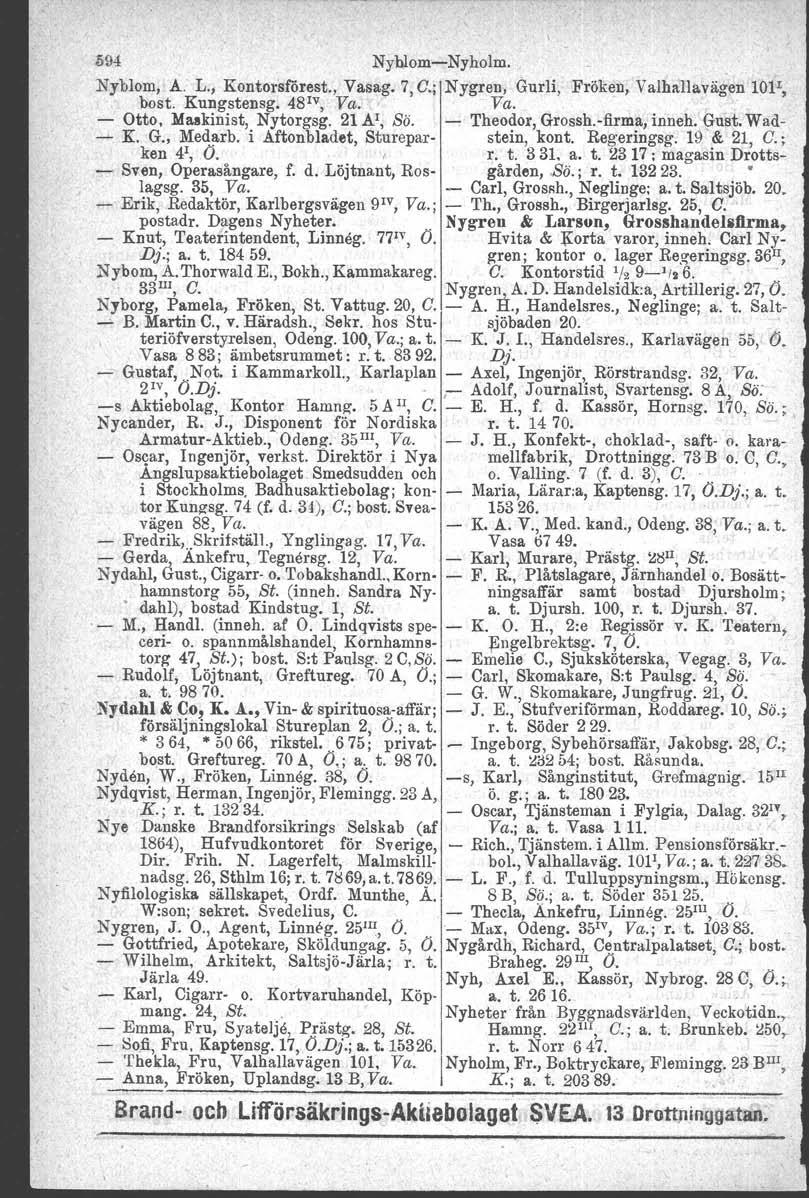 li94 NyblomNyholm. Nyblom, A. L., Kontorsförest., Vasag. 7,C.; Nygren, Gurli, Fröken, Valhallavägen loil, bost. Kungstensg. 48 IV, Va. Va. _ Otto, Ma.skinist, Nytorgsg. 21 Al, Sö.