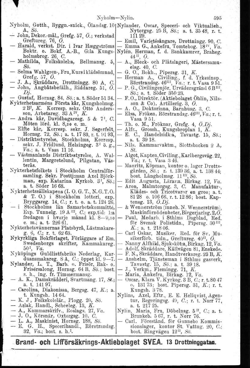 ~yhojmnylin. 595 Nyholm, Gotth., Byggusuick., Ölandsg.10 Nylander, Oscar, Speceri och Viktualieh., A, Sö....:... John, Dekorrnål., Grefg, 57, Ö.; verkstad Nytorgsg. 11129. ~5 B, Sö.; a. t. 3548, r. t.. Greftureg.