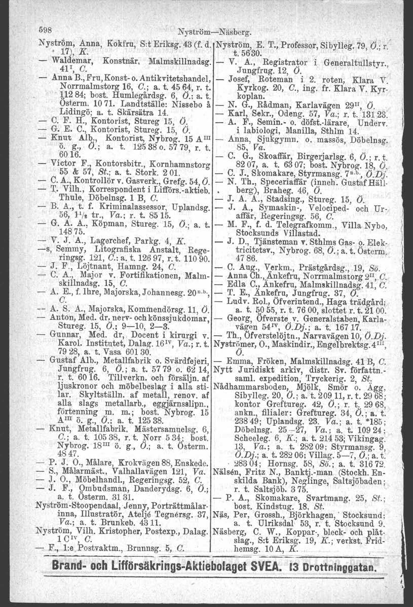 598 NyströmNäsberg. Nyström, 17), K. Anna, Kokfru, S:t Eriksg. 43 et d. Nyström, E. T., Professor, Sibylleg. 79, d; r.' t.5630. Waldemar, Konstnär, Malmskillnadsg. V. A., Registrator i Generaltullstyr.