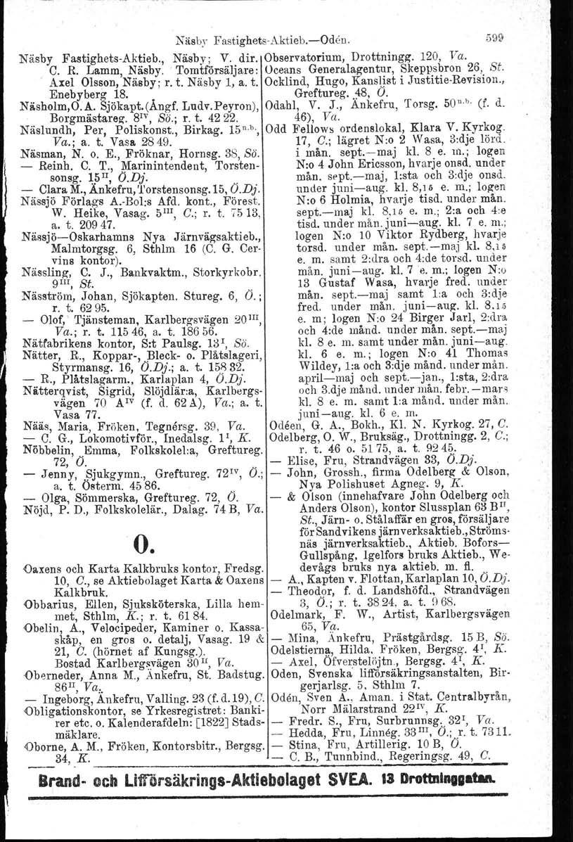 Näsby FasrighetsAktieb.vOdeu. 599 Näsby FaatighetsAktieb., Näsby; V. dir. Observatorium, Drottningg. 120, Ya. C. R. Lamm, Näsby. Tomtförsäljare: Oceans Generalagentur, Skeppsbron 26, St.