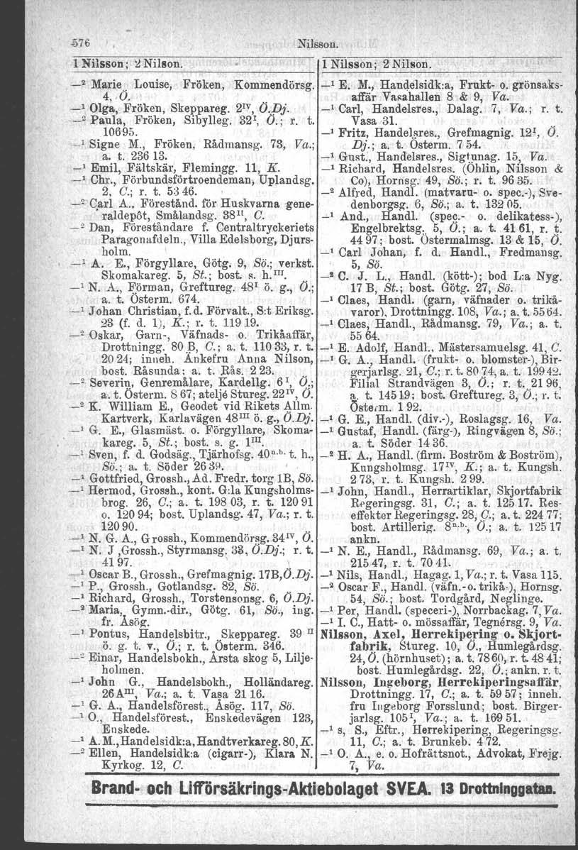 .576 Nilsson. 1 Nilsson; :J Nilson. 1 Nil_s_so_n_;_2_N_i_ls_o_n_. _ ' Marie Louise, Fröken, Kommendörsg. _1 E. M., Handelsidk:a, Frukt o. grönsaks 4,,O.. affär Yasahallen 8 & 9, Va.