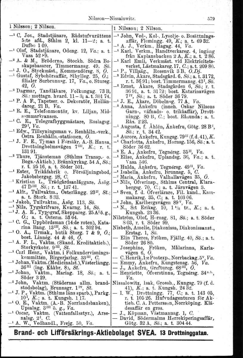 NilssousNissalowitz. 579 l Nilsson; 2 Nilson. 1 Nilsson; 2 Nilson. 1='=''' _1 C, Jos., Stadstjänare, Rådstufvurättens _1 John, Ved, Kol. Lysolje o. Bosättnings 5:te afd., Sthlm 2, kl. Ill; a. t.