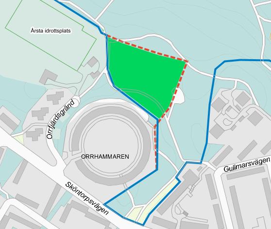 Korrigering av reservatets gräns vid kvarteret Orrhammaren. Grön-markerat område är det område som föreslås ingå i reservatet. Rödstreckad linje är den tidigare föreslagna reservatsgränsen.