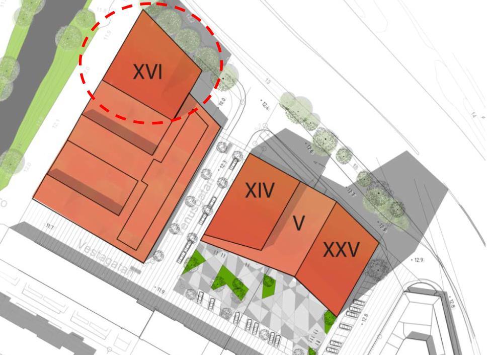 Figur 1.2. Situationsplan, planerad kontorsbyggnad i Gårda 1:15 inom rödstreckat område. Figur 1.3.