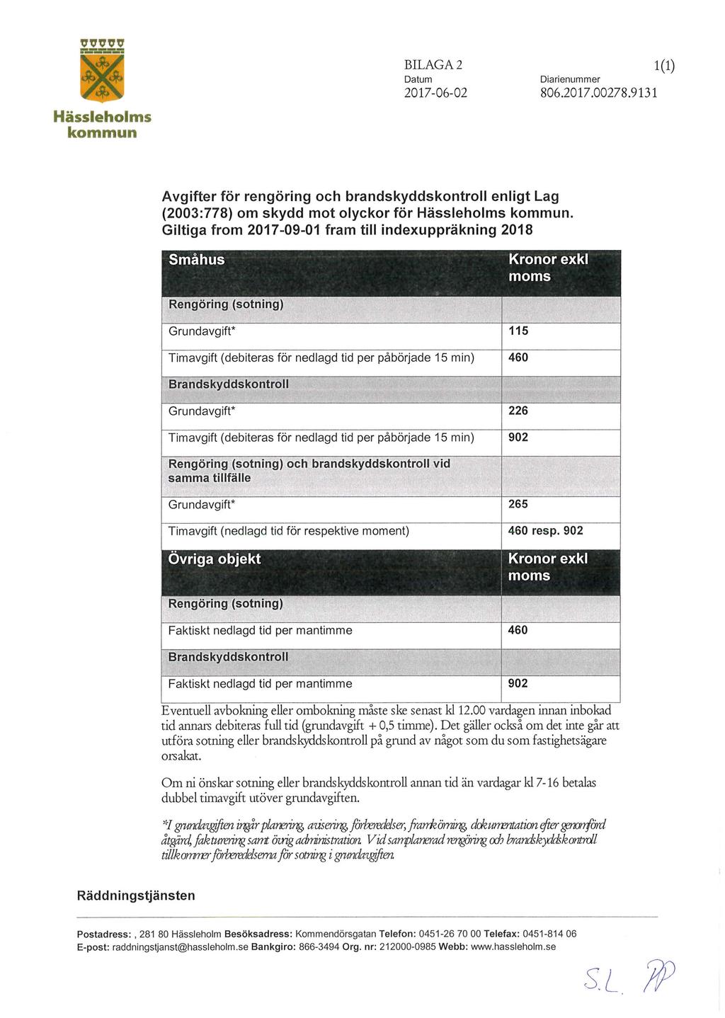 BILAGA2 1(1) Datum Diarienummer 2017-06-02 806.2017.00278.9131 Avgifter för rengöring och brandskyddskontroll enligt Lag (2003:778) om skydd mot olyckor för.