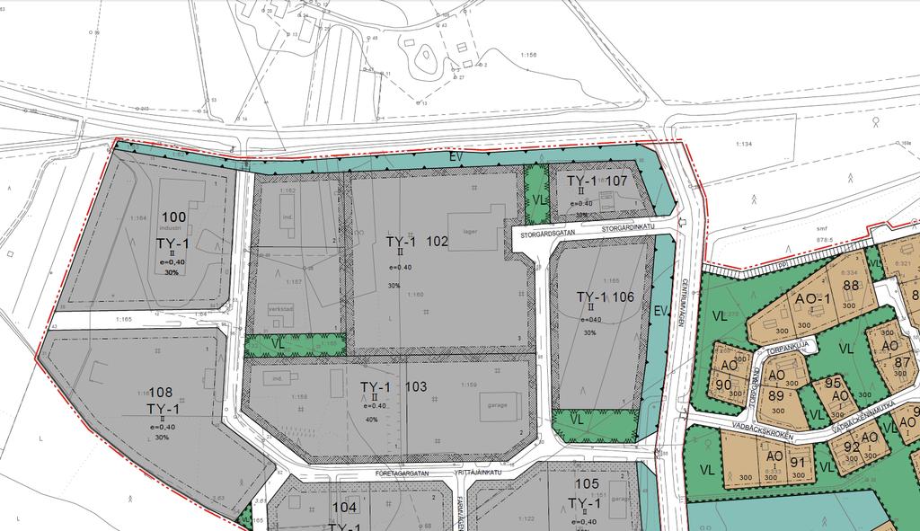 Bild 5: Detaljplanområdet gränsar i öster till detaljplanen för Kållby industriområdet. Detaljplanområdet utvidgas i den röda pilens riktning.