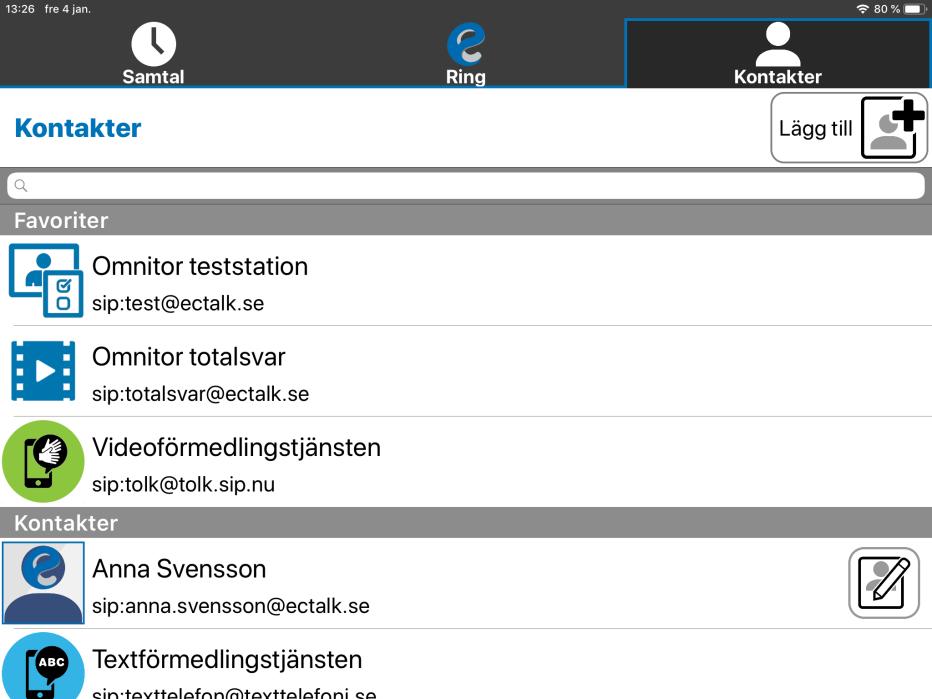 RADERA ELLER ÄNDRA KONTAKT Tryck först på Kontakter och välj den kontakt du vill ändra eller radera (i detta exempel anna.svensson@ectalk.