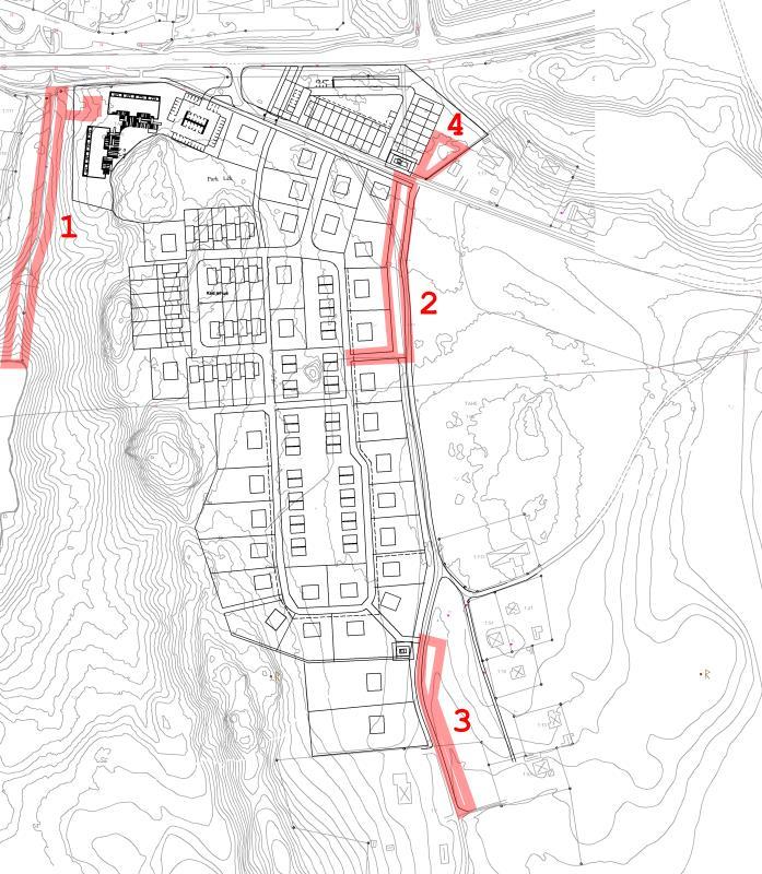 4 Dagvattenavledning inom planområdet Vid dimensionering av dagvattensystemet har tre områden för avledning/infiltration identifierats. Se figur 4 nedan. Figur 4.