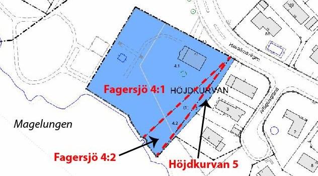 Sida 5 (32) Inhägnad tomt markerad med blå färg, bestående av fastigheterna (från vänster räknat) Fagersjö 4:1,