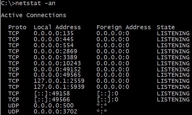 Netstat Netstat returnerar en tabell med de aktiva portar Adressen 0.0.0.0 innebär att datorn tar emot anrop från vilken annan adress som helst.