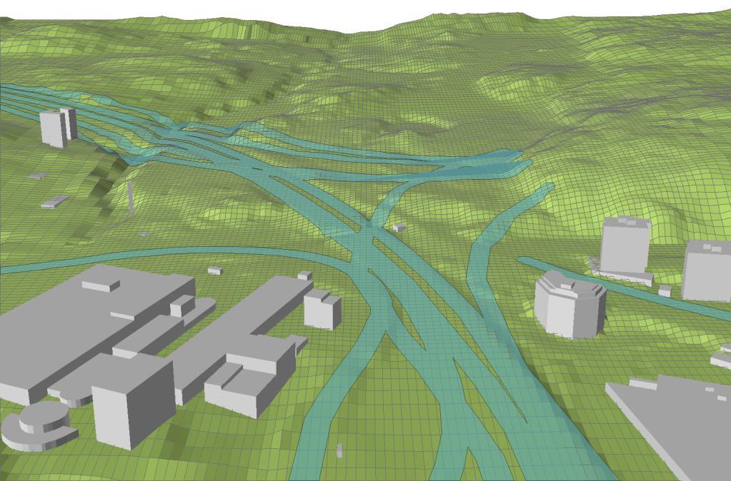 Spridningsmodell För att kunna uppskatta effekten av terrängen och bebyggelsen på spridningen av luftföroreningar i området kring Masmotunnelns mynning har beräkningar utförts med hjälp av modellen