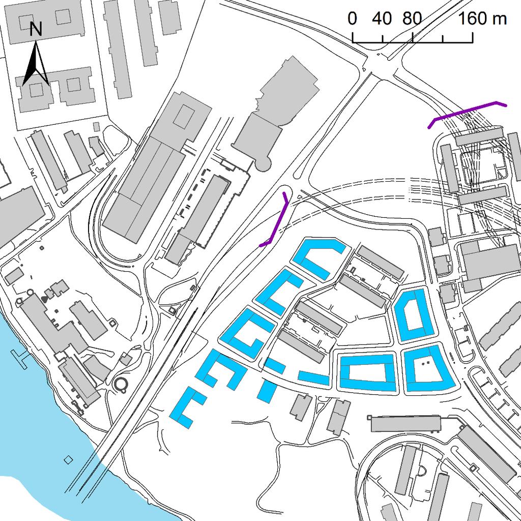 Alphyddevägen Figur 2. Aktuellt planområde (utbyggnadsalternativet) för bebyggelse vid Huvudstaleden i Solna. Alternativ struktur. Planerade byggnader i kvartersstruktur visas i rött.