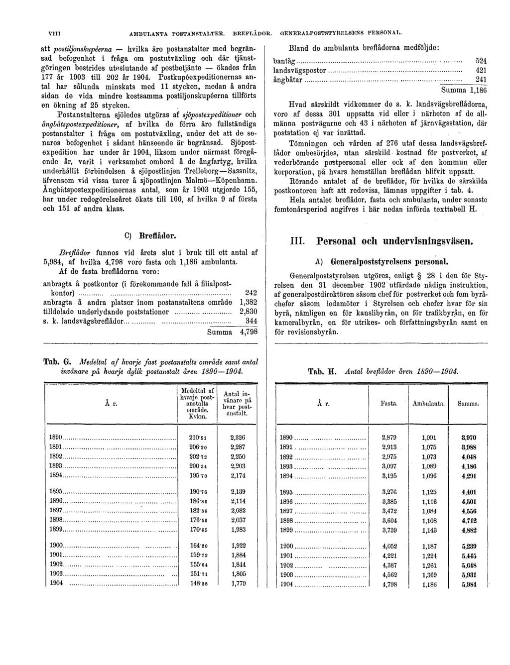 VIII AMBULANTA POSTANSTALTER. BREFLÅDOR. GENERALPOSTSTYRELSENS PERSONAL.