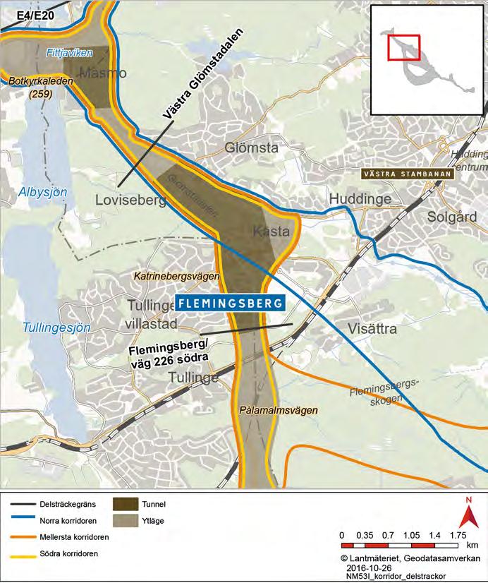 6.2.2 Delsträcka 2: västra Glömstadalen Flemingsberg/väg 226 I alla tre korridorer är en trafikplats tänkt i den västligaste delen av Glömstadalen för att koppla samman tvärförbindelsen med det