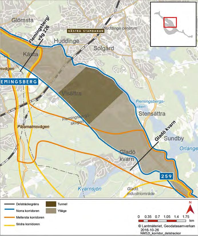 6.2.3 Delsträcka 3: Flemingsberg/väg 226 Gladö kvarn/ industriområde Norra korridoren Korridoren passerar centrala Flemingsberg och fortsätter därefter relativt rakt mot Gladö kvarn.