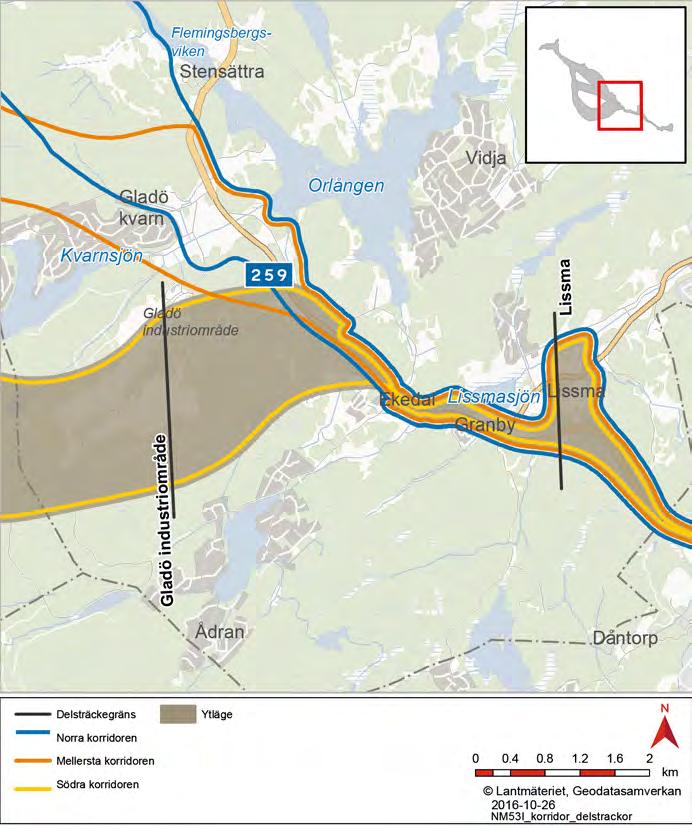 6.2.4 Delsträcka 4: Gladö kvarn/industriområde - Lissma Norra och Mellersta korridoren Från Gladö kvarn går delsträckan österut fram till Lissma.