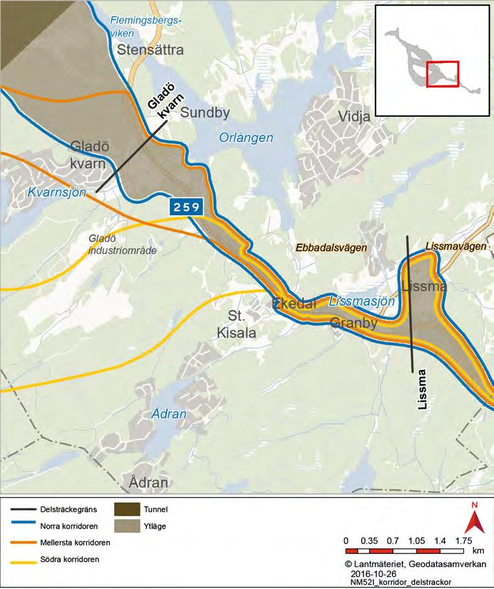 På sträckan studeras väg i ytläge som i stort följer sträckningen för befintlig väg 259, se figurer 6.21 och 6.22.