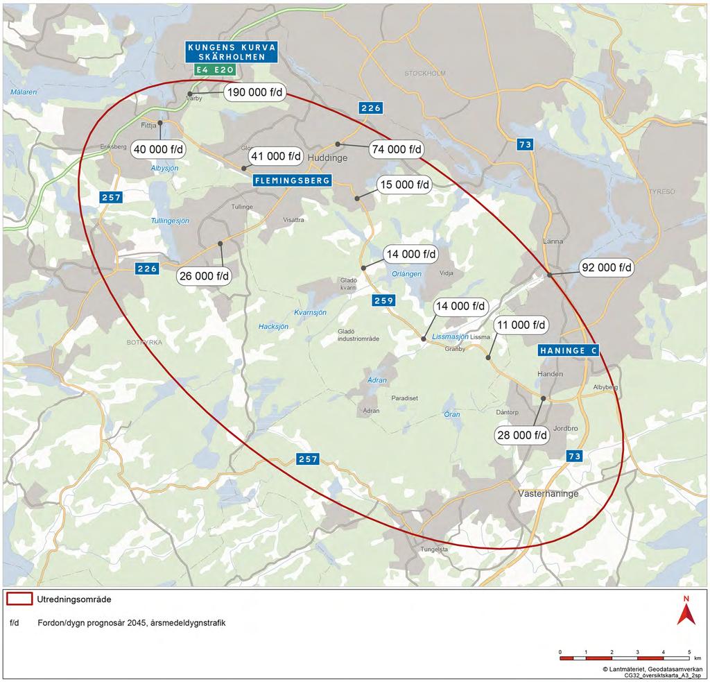 7. Påverkan på trafik och samhälle Motorfordonstrafik Fram till prognosåret 2045 beräknas trafikflödet på befintlig väg öka, se figur 7.4 för trafikflöden i nollalternativet.