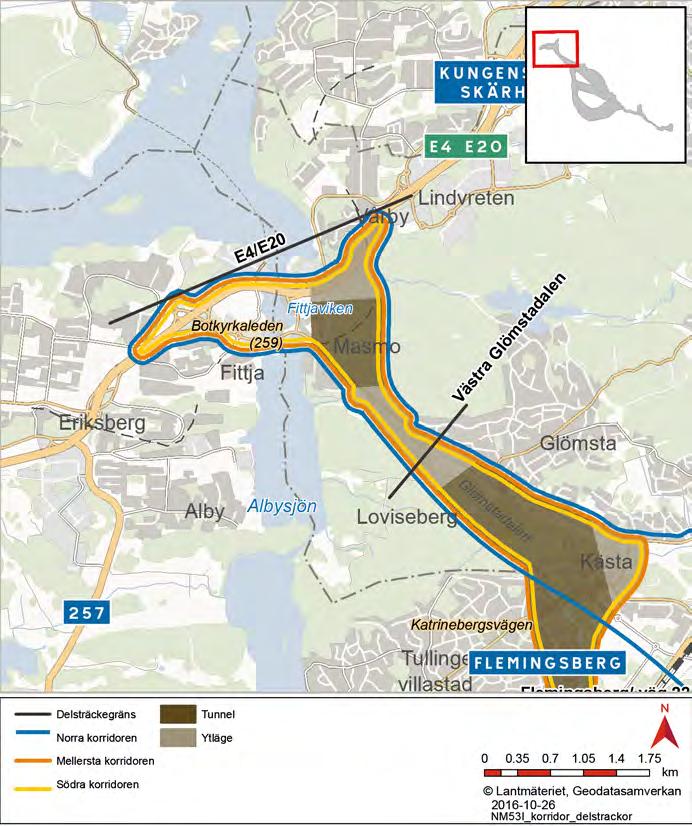 6.2.1 Delsträcka 1: E4/E20 västra Glömstadalen Delsträcka 1 går från anslutningen till E4/E20, förbi både storskalig bostadsbebyggelse från miljonprogramstiden och låg grupphusbebyggelse, över