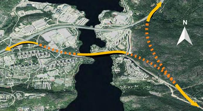 10. Anslutning E4/E20 - Fittja Vid anslutning av tvärförbindelsen via trafikplats Fittja kan vägen följa nuvarande sträckning för väg 259 Botkyrkaleden i ytläge eller delvis i tunnel, se figur 6.