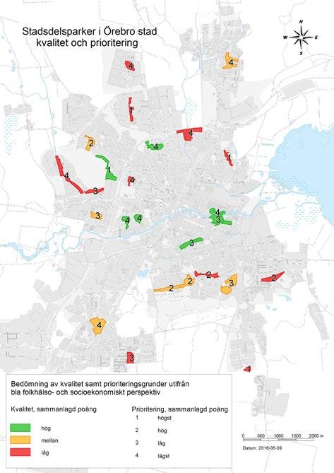 32 GRÖNSTRATEGI FÖR ÖREBRO KOMMUN Kartan visar utpekade stadsdelsparker där de färglagts utifrån bedömningen av kvalitet och fått en siffra utifrån bedömningen av prioriteringsaspekterna.