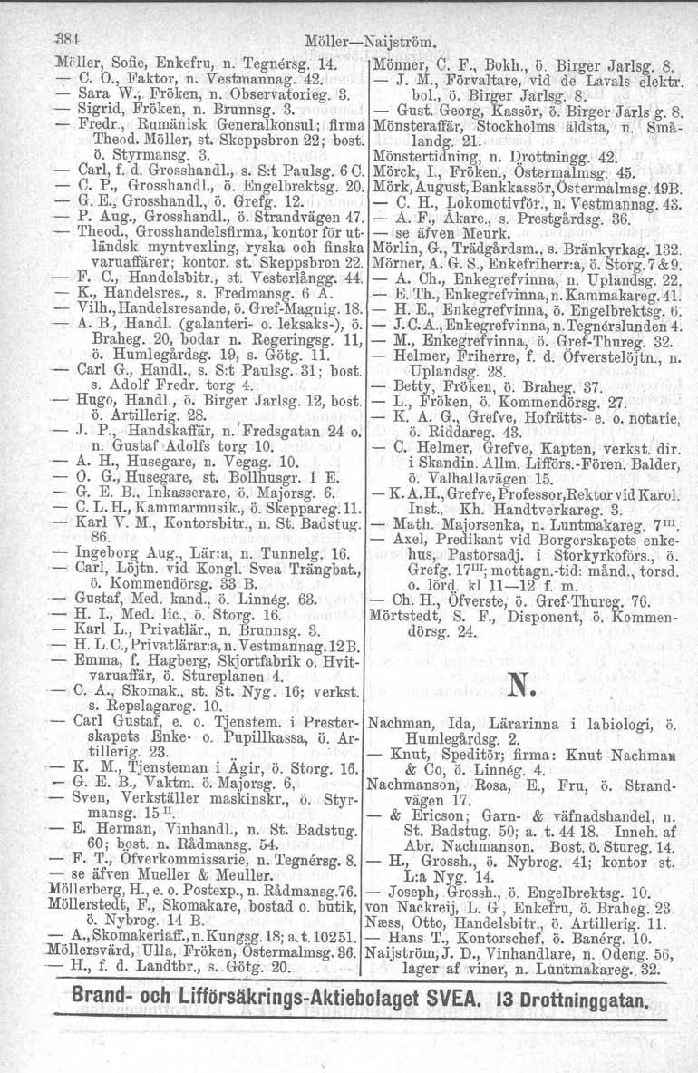 ast MöllerNaijström..Möller, Sofie, Enkefru, n. Tegnersg. 14. Mönner, C. F., Bokh., ö. Birger Jarlsg. 8. C. O., Faktor, n. Vestmannag. 42. J. M., Förvaltare, vid de Lavals elektr. Sara W.,. Fröken, n.