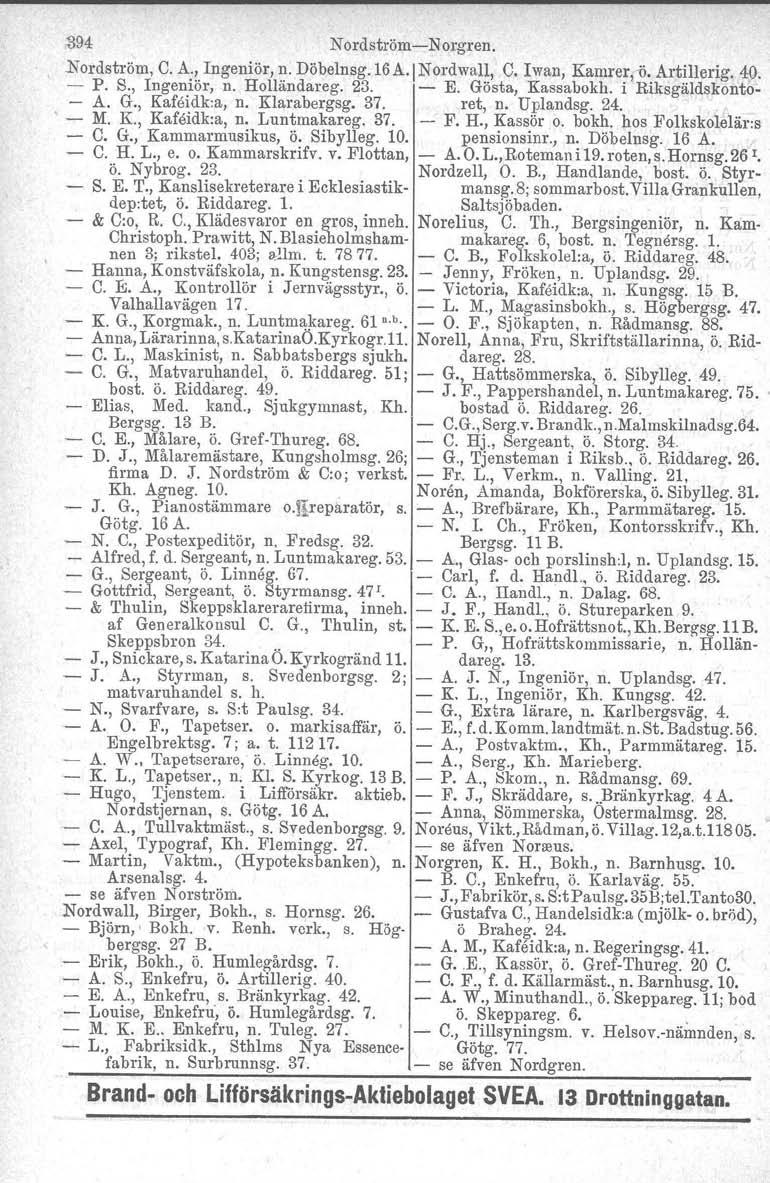 394 NordströmiNorgren..Nordström, C. A., Ingeniör, n. Döbelnsg.16 A.I Nordwall, C. I wan, Kamrerl~' Artillerig. 40. P. S., Ingeniör, n. Holländareg. 23. E. Gösta, Kassabokh. i Riksgäldskonto A. G., Kafsidk:a, n.