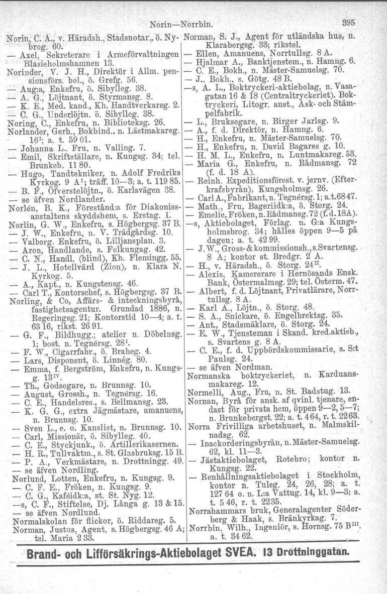 NorinNorrbin. 395 Norin, C. A., v. Häradsh., Stadsnotar., Ö. Ny Norman, S. J., Agent för utländska hus, n. brog. 60. Klarabergsg. 33; rikstel.