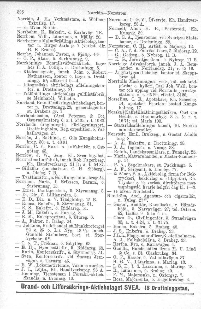 396 NorrbinNorström. Norrbin. J. H., Verkmästare, s. Wolmar Norrman, C. G. V., Öfverste, Kh. Handtver Yxkullsg. 17. kareg. 23 A. se äfven Norbin. Norrsell, Alma H. B., Postexped., Kh, Norrbohm. E.