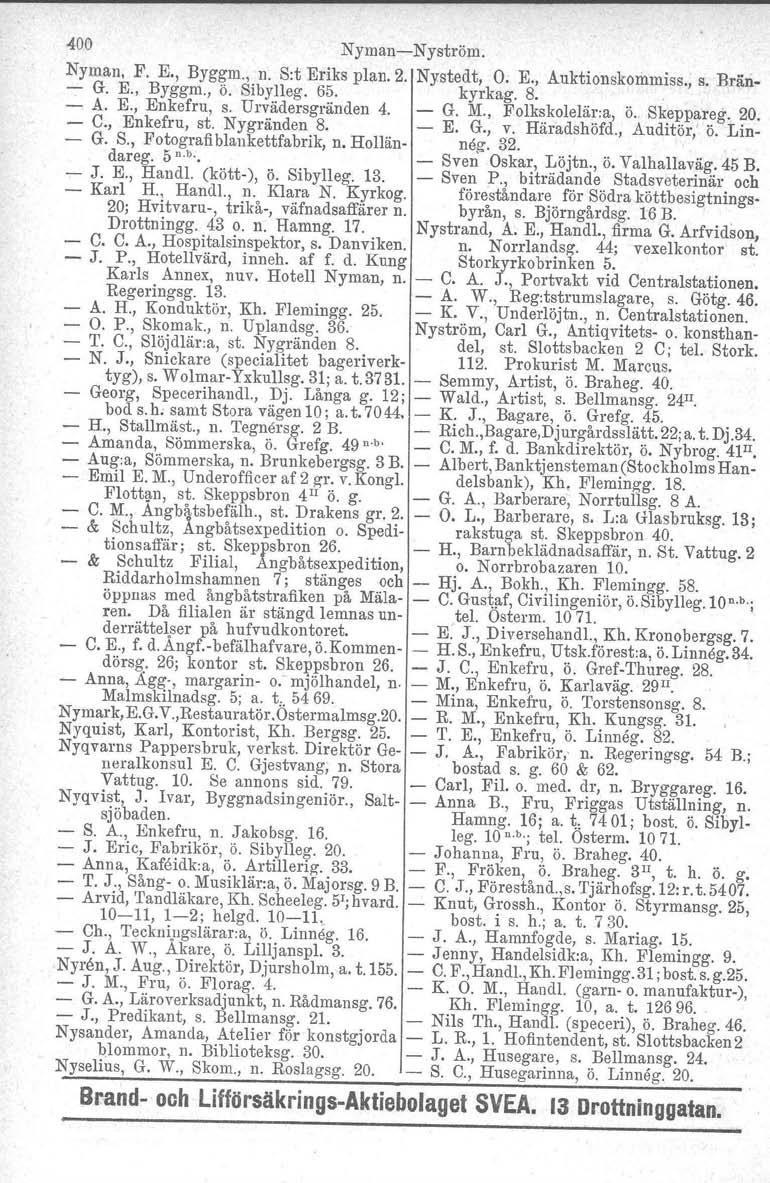 400 NymanNyström. Nyman, F. E., Byggm., n. S:t Eriks plan. 2. Nystedt, O. E., Auktionskommiss., s. Brän : G. E., Byggm., ö. Sibylleg. 65. kyrkag. 8. A. E., Enkefru, s. Urvädersgränden 4. G. M.