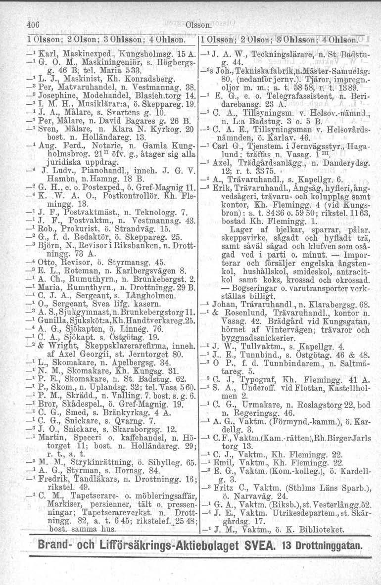 406 Olsson. 1 Olsson; 2 Olson; 3 Ohlsson; 4 UhIson. 1 Ols!OE; 2 oi~~~;. 3iUhls~n ;'4'.9h~on.. ~. ' Karl, Maskinexped., 'Kungsholmsg, 15 A., J. A. W., 'l'eckningslärare, n. St. Badstu ' G. O. M., Maskiningeniör, s.