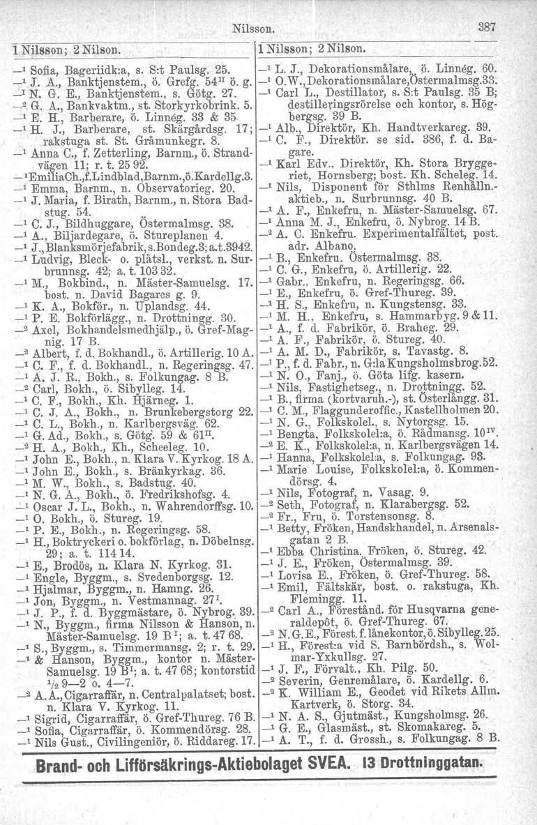 Nilsson. 387 1 Nilsson; 2 Nilson. I~=:~~=::==' 1 Nilsson; 2 Nilson. ' Sofia, Bageriidk.a, s. S:t Paulsg. 25. _, L. J., Dekorationsmålare,.. p. Linneg. 60. ' J. A., Banktjenstem., Ö. Grefg. 54 Il Ö. g.