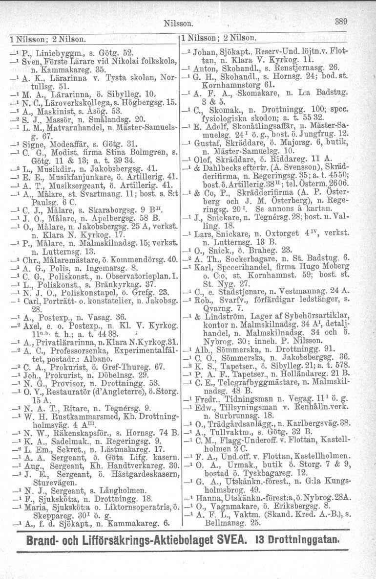 Nilsson. 389 1 Nilsson; 2 Nilson. l Nilsson; 2 Nils.<J_n_. 1 P., Liniebyggm., s. Götg. 52. " Johan, Sjökapt., ReservUnd.löjtn.v. Flot _1 Sven, Förste Lärare vid Nikolai folkskola, tan, n. Klara V.