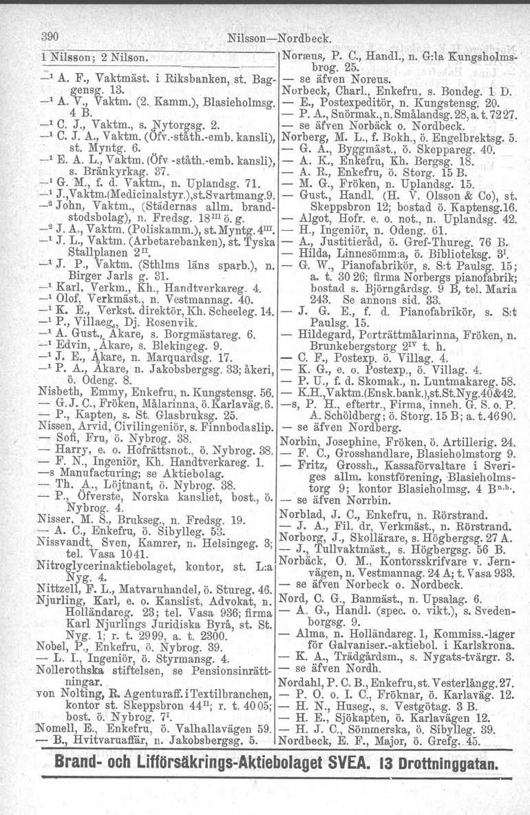 390 NilssonN ordbeck. 1 Nilsson; 2 Nilson. Norsens, P. C., Handl., n. G:la Kungsholms. brog. 25. _, A. F., Vaktmäst. i Riksbanken, st. Bag se äfven Norens. gensg. 13. Norbeck, Charl., Enkefru, s.