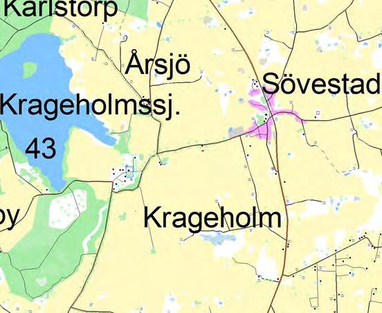 Ystad kommun markerad med grönt. Krageholms mölla ligger på Krageholmsvägen, mitt emellan Krageholm och Sövestad. Orterna binds samman av en allé.