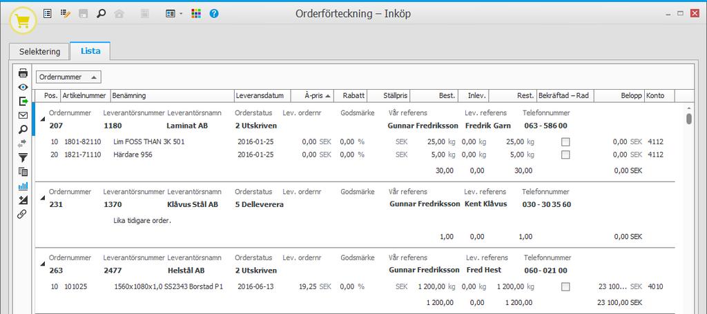 Bevakning Under hela tiden, från att tillverkningsordern registreras tills att operationen rapporteras som helt färdig, kan ordern bevakas i Orderförteckning Inköp listtypen