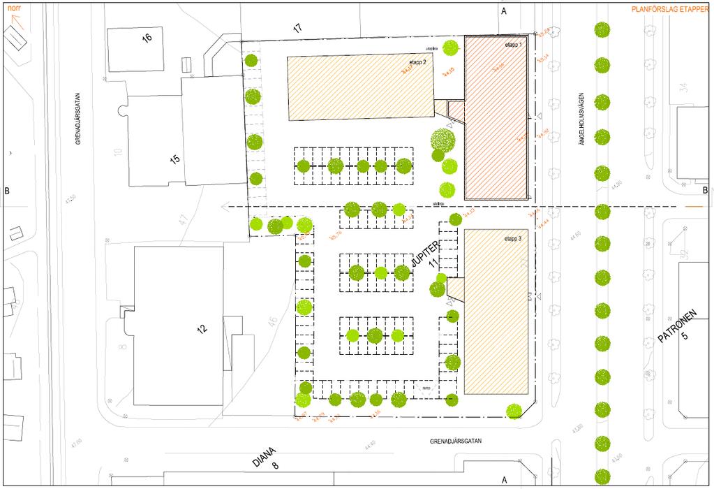 Illustration visar ett exempel på hur området skulle kunna byggas i etapper med olika parkeringsbehov. Illustration: JKAB arkitekter 2.