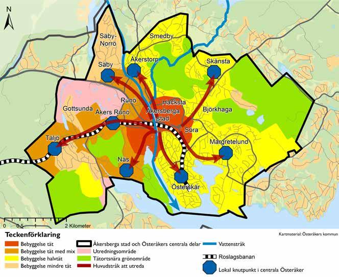 Översiktsplan 2040 A-B. Österåkers centrala delar Kartan visar den föreslagna bebyggelseutvecklingen i Åkersberga stad, huvudstråken och lokala knutpunkter. A. Åkersberga stad Åkersberga, som är Österåkers centralort, ska utvecklas och förtätas stadsmässigt.