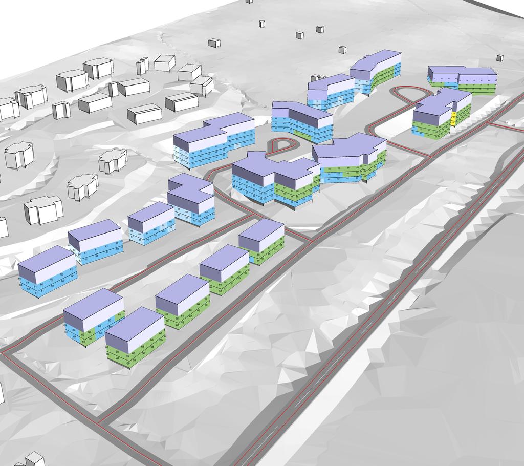 BERÄKNAD LJUDUTBREDNING Beräknade ljudnivåer från vägtrafik 3D-vy från väst Teckenförklaring Vägmitt Väglinjekälla Vägbana MAXIMAL LJUDNIVÅ Frifältsvärden vid fasad < - 60 60-65 65-70