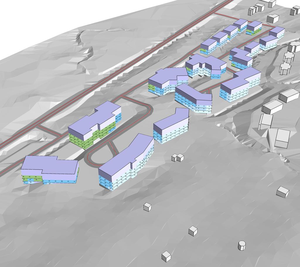 BERÄKNAD LJUDUTBREDNING Beräknade ljudnivåer från vägtrafik 3D-vy från öst Teckenförklaring Vägmitt Väglinjekälla Vägbana MAXIMAL LJUDNIVÅ Frifältsvärden vid fasad < - 60 60-65 65-70 70-75