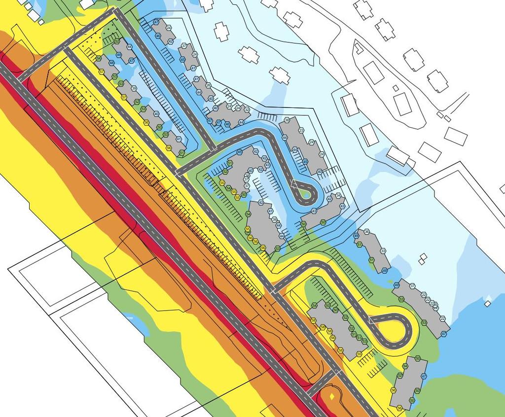 7.1 LJUDNIVÅ VID FASAD Med placering av byggnaderna enligt visionskartan beräknas ekvivalenta ljudnivåer mellan -58 dba vid fasad på byggnaderna närmast E12, i övrigt lägre nivåer, se bilaga AK01.