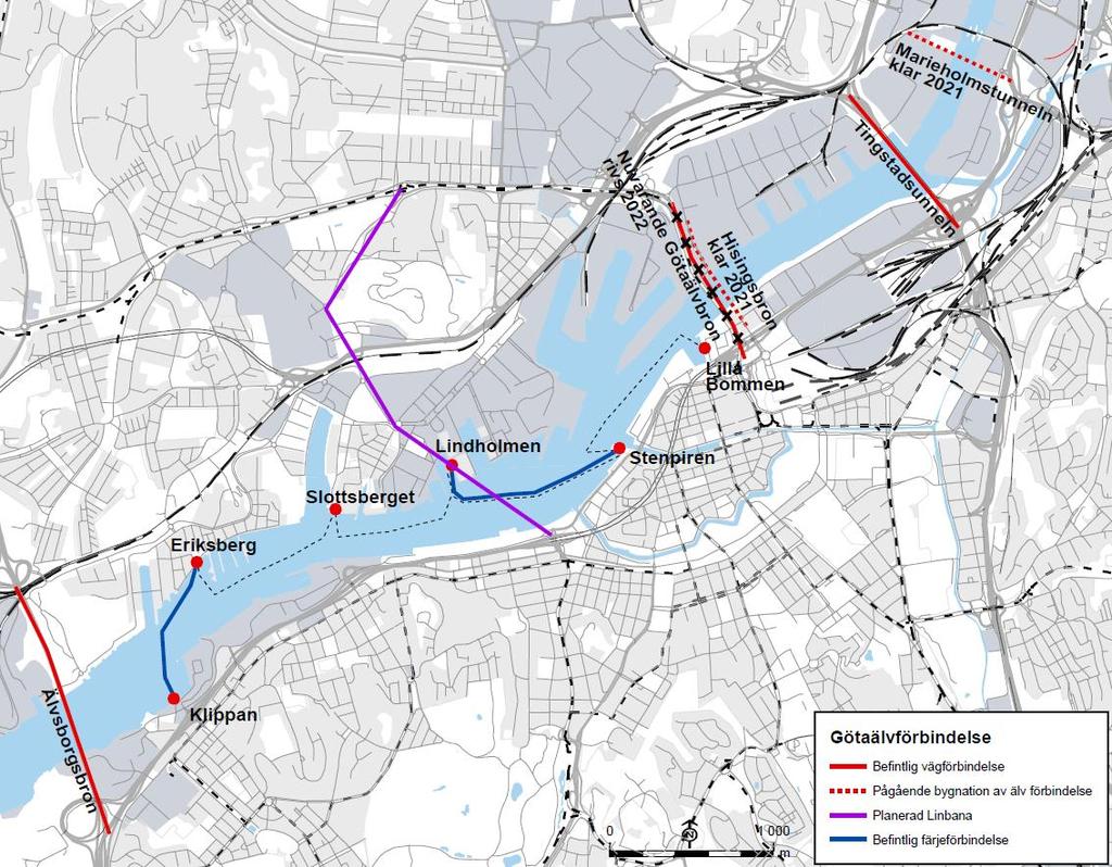 3. NUVARANDE ÄLVFÖRBINDELSER I Göteborgs stad finns i dagsläget sju förbindelser över älven varav fem av dem utgör fasta förbindelser och två av dem utgör förbindelser med personfärja.